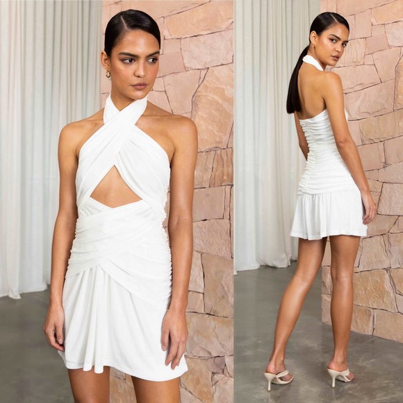 MISHA Callie Ivory Cutout Mini Dress Halter Neck Ruched Bride Bachelorette 4 - Picture 1 of 11